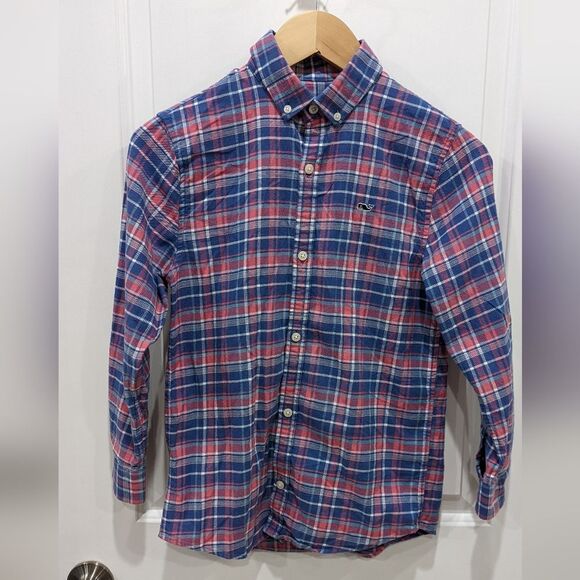 Vineyard Vines Blue Salmon Plaid Button Down Church Shirt Boy Size Small 8 10 - Picture 2 of 5